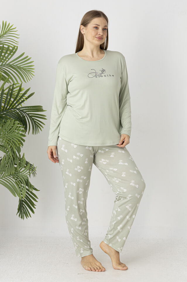 Estiva Kadın Yaprak Alt Desenli Soft Uzun Kollu Battal Pijama Takımı 5XL - Yeşil