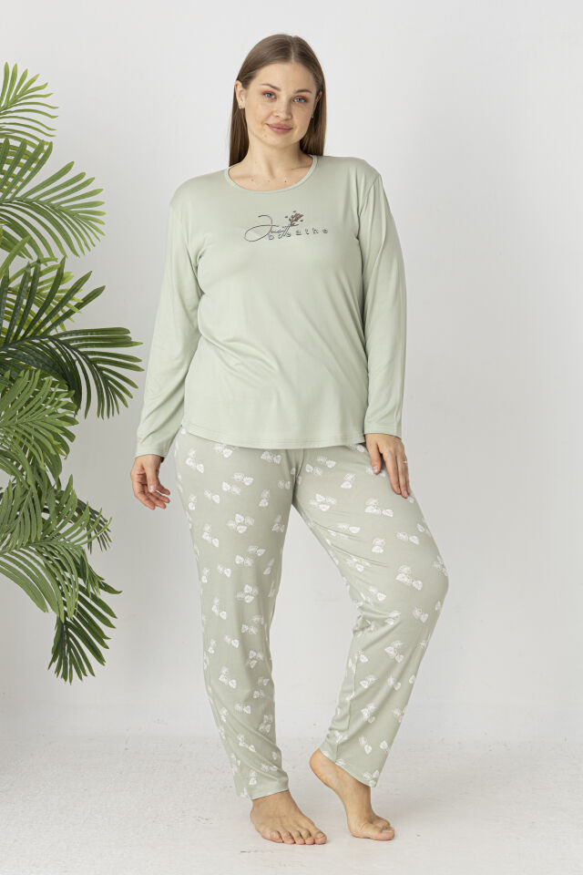 Estiva Kadın Yaprak Alt Desenli Soft Uzun Kollu Battal Pijama Takımı 5XL - Yeşil