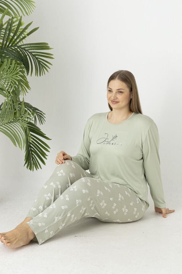 Estiva Kadın Yaprak Alt Desenli Soft Uzun Kollu Battal Pijama Takımı 5XL - Yeşil