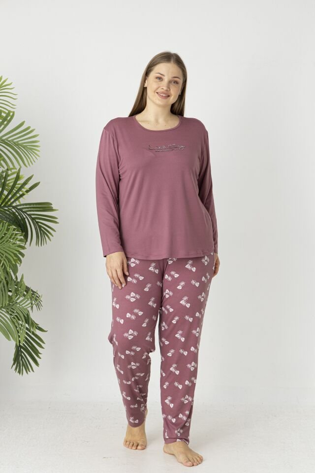 Estiva Kadın Yaprak Alt Desenli Soft Uzun Kollu Battal Pijama Takımı 3XL - Pudra