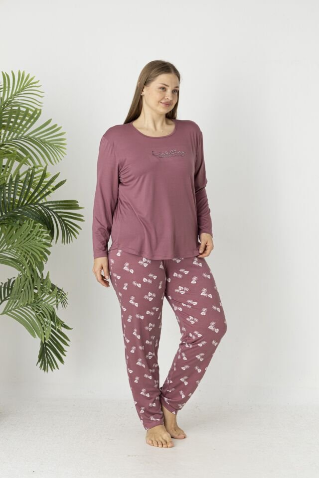 Estiva Kadın Yaprak Alt Desenli Soft Uzun Kollu Battal Pijama Takımı 3XL - Pudra