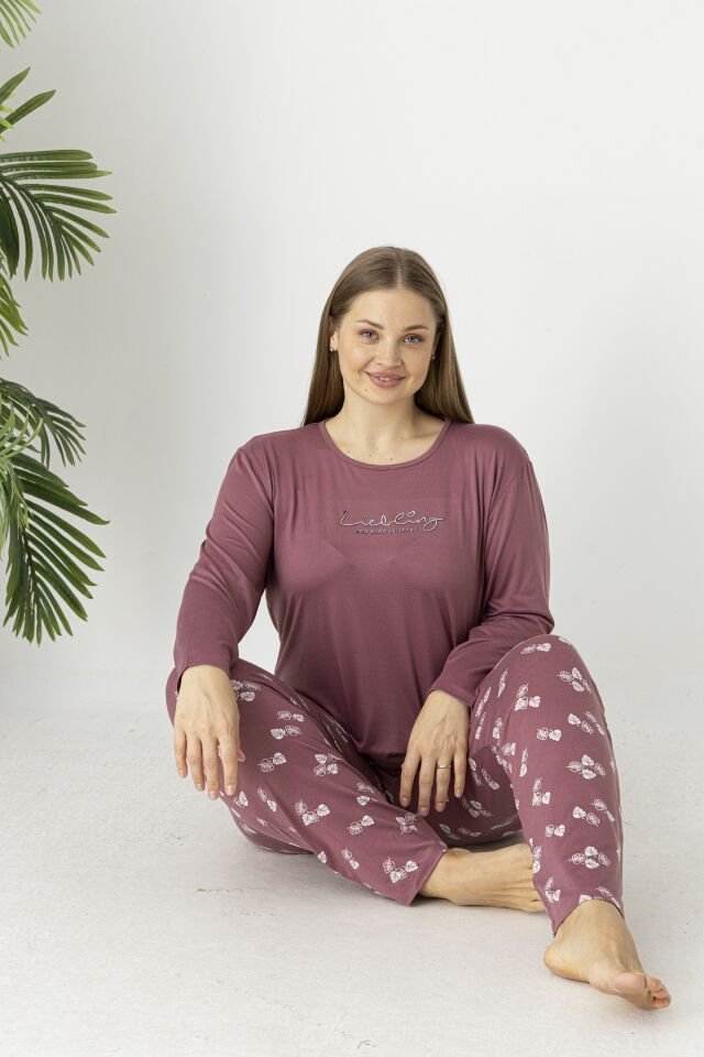 Estiva Kadın Yaprak Alt Desenli Soft Uzun Kollu Battal Pijama Takımı 3XL - Pudra