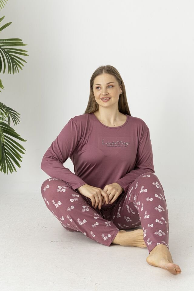 Estiva Kadın Yaprak Alt Desenli Soft Uzun Kollu Battal Pijama Takımı 3XL - Pudra