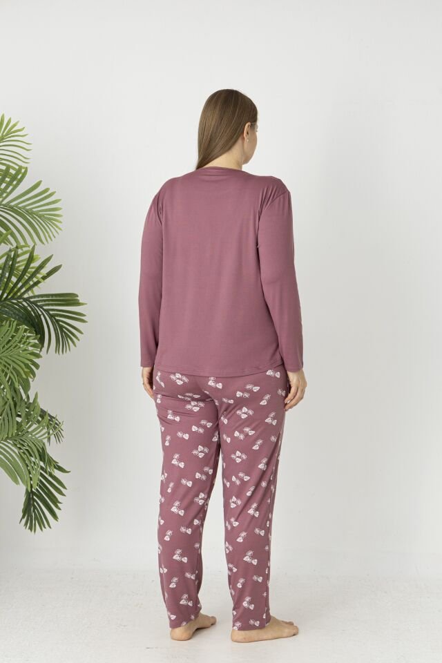 Estiva Kadın Yaprak Alt Desenli Soft Uzun Kollu Battal Pijama Takımı 4XL - Pudra