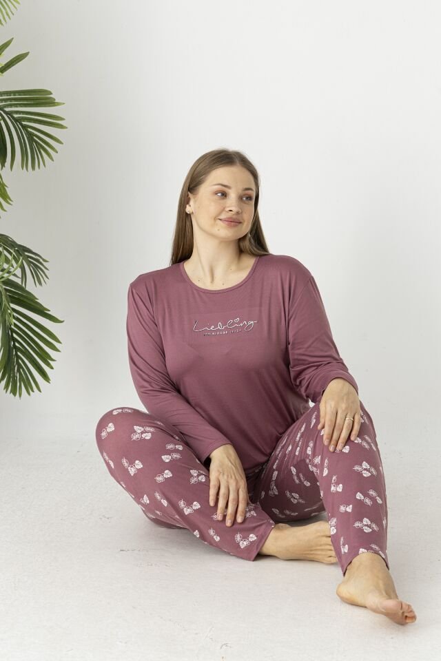 Estiva Kadın Yaprak Alt Desenli Soft Uzun Kollu Battal Pijama Takımı 4XL - Pudra