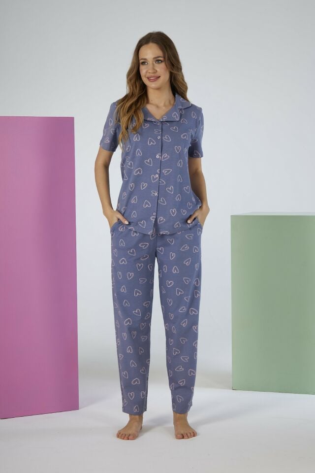Kadın Yazlık Kalpli Önden Düğmeli Kısa Kollu Penye Lycra Pijama Takımı