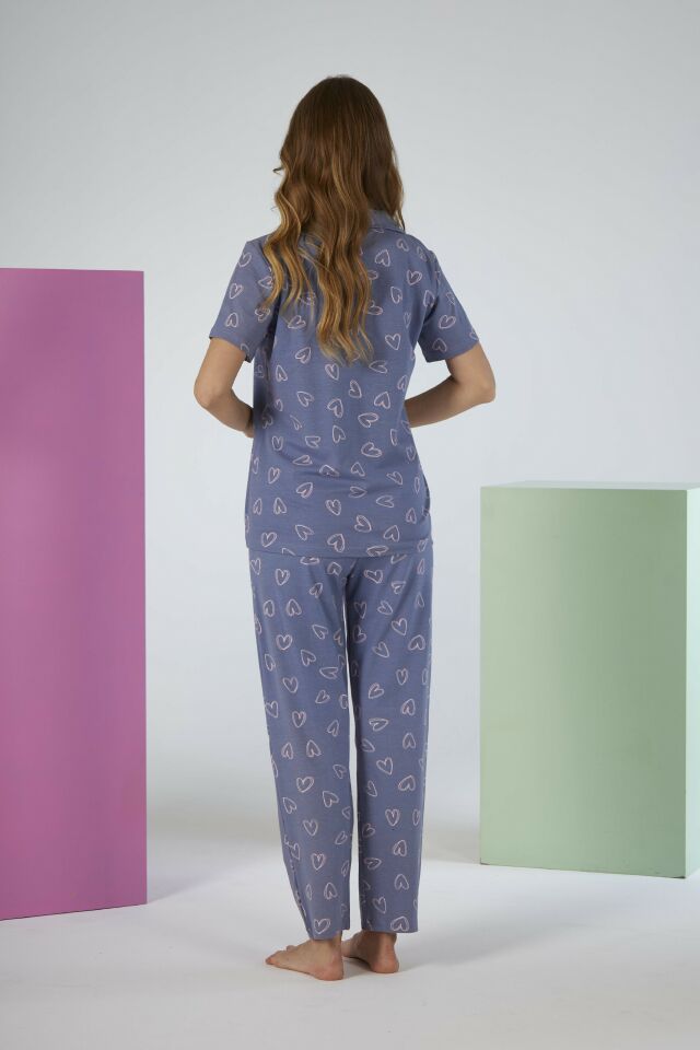 Kadın Yazlık Kalpli Önden Düğmeli Kısa Kollu Penye Lycra Pijama Takımı