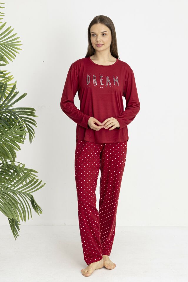 Estiva Kadın Puantiye Alt Desenli Soft Uzun Kollu Pijama Takımı M - Bordo