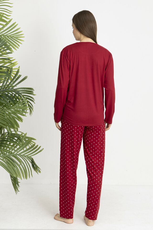 Estiva Kadın Puantiye Alt Desenli Soft Uzun Kollu Pijama Takımı M - Bordo