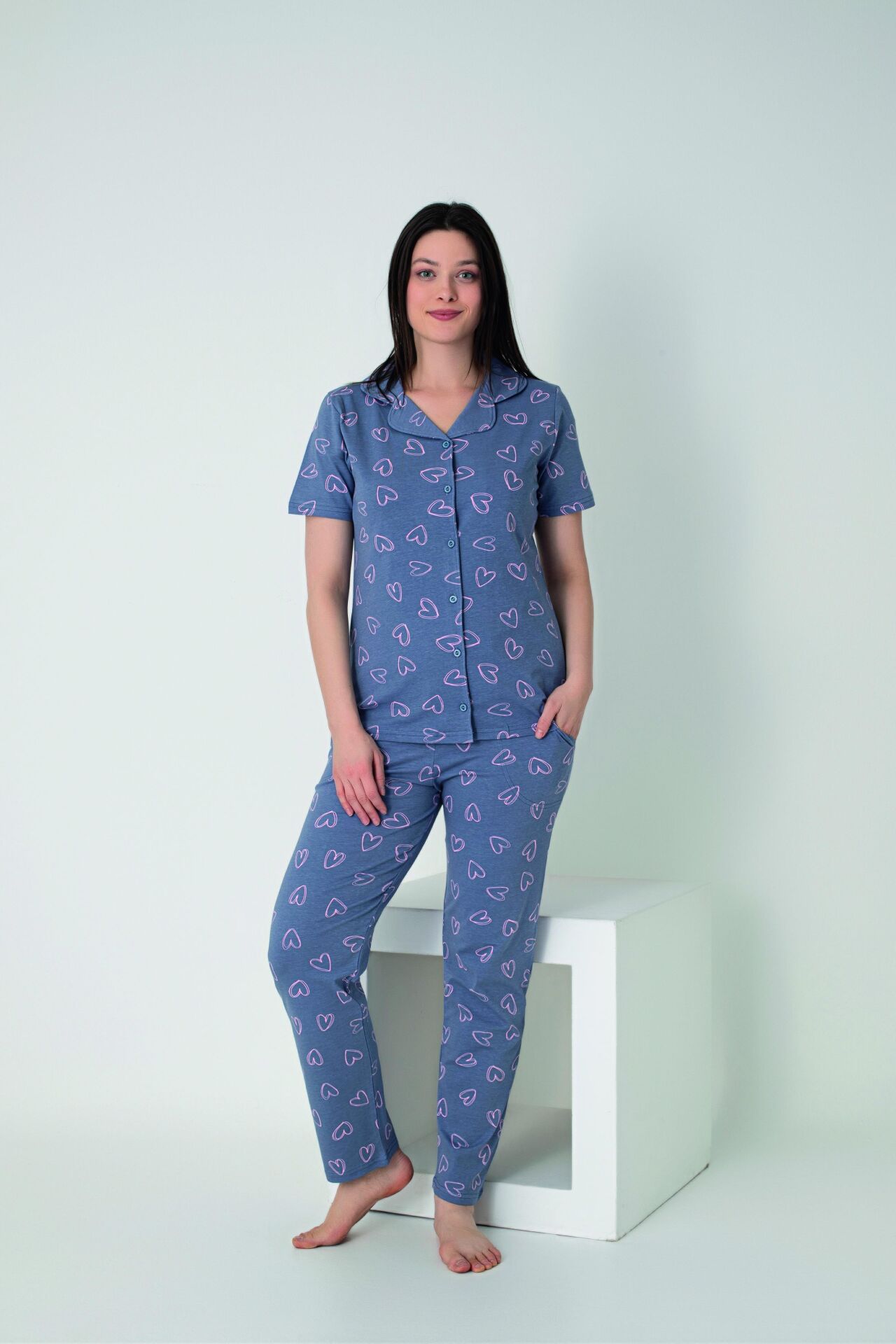 Kadın Yazlık Kalpli Önden Düğmeli Kısa Kollu Penye Lycra Pijama Takımı S - Gri