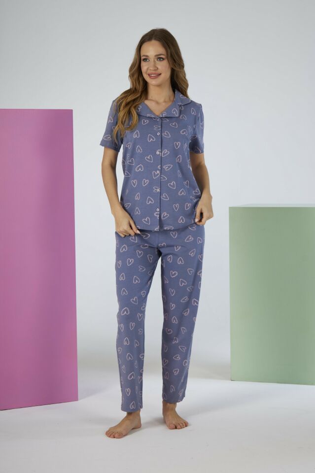 Kadın Yazlık Kalpli Önden Düğmeli Kısa Kollu Penye Lycra Pijama Takımı S - Gri