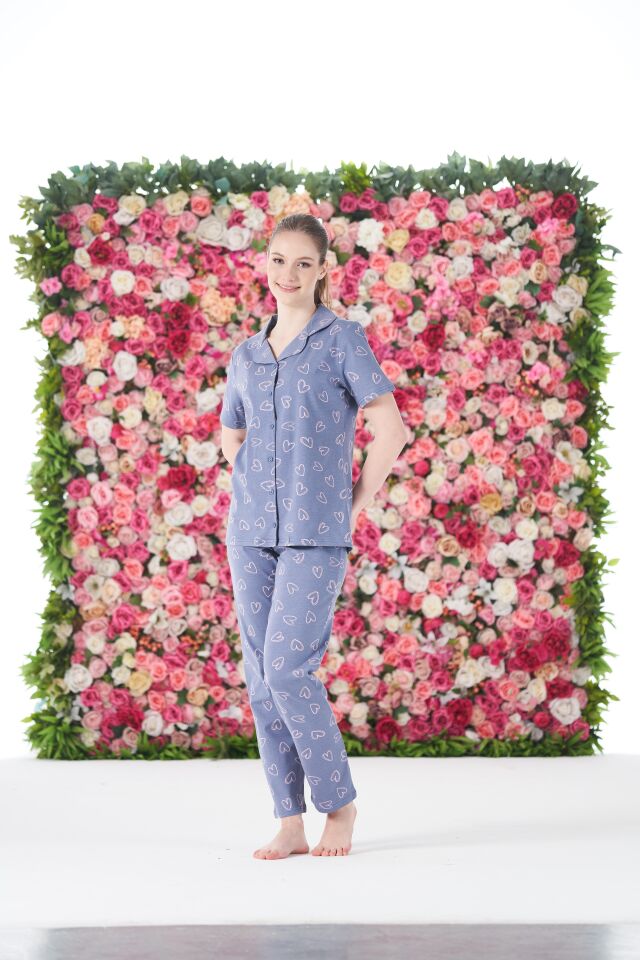 Kadın Yazlık Kalpli Önden Düğmeli Kısa Kollu Penye Lycra Pijama Takımı S - Gri