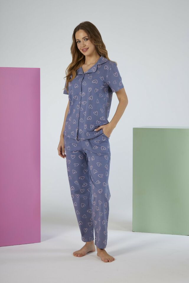 Kadın Yazlık Kalpli Önden Düğmeli Kısa Kollu Penye Lycra Pijama Takımı S - Gri