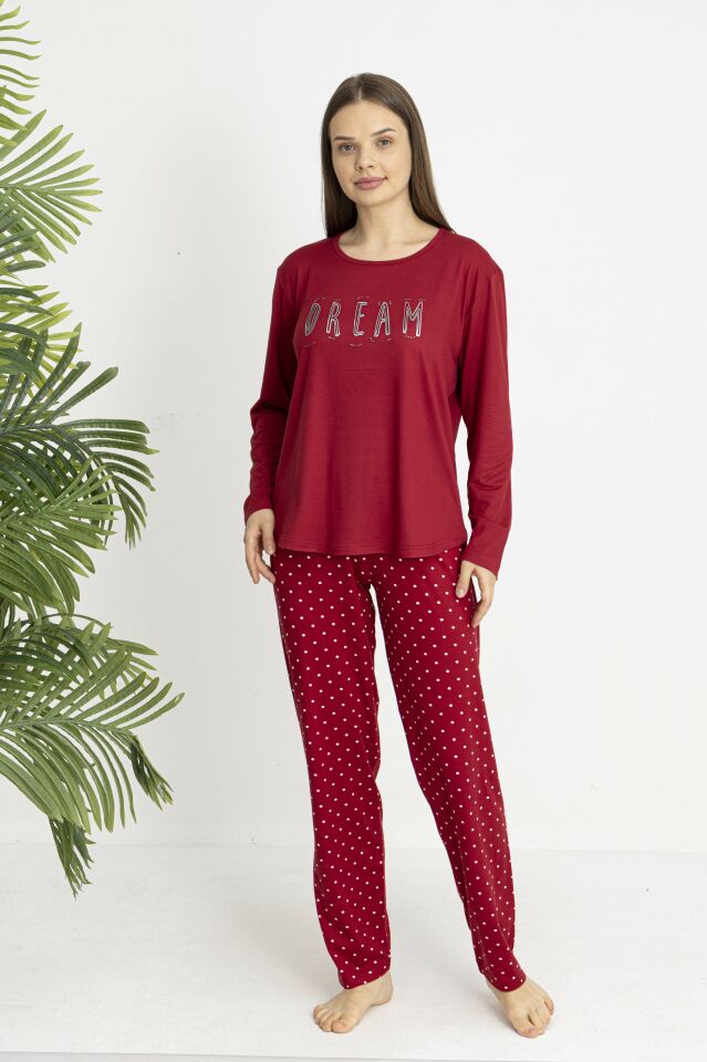 Estiva Kadın Puantiye Alt Desenli Soft Uzun Kollu Pijama Takımı L - Bordo