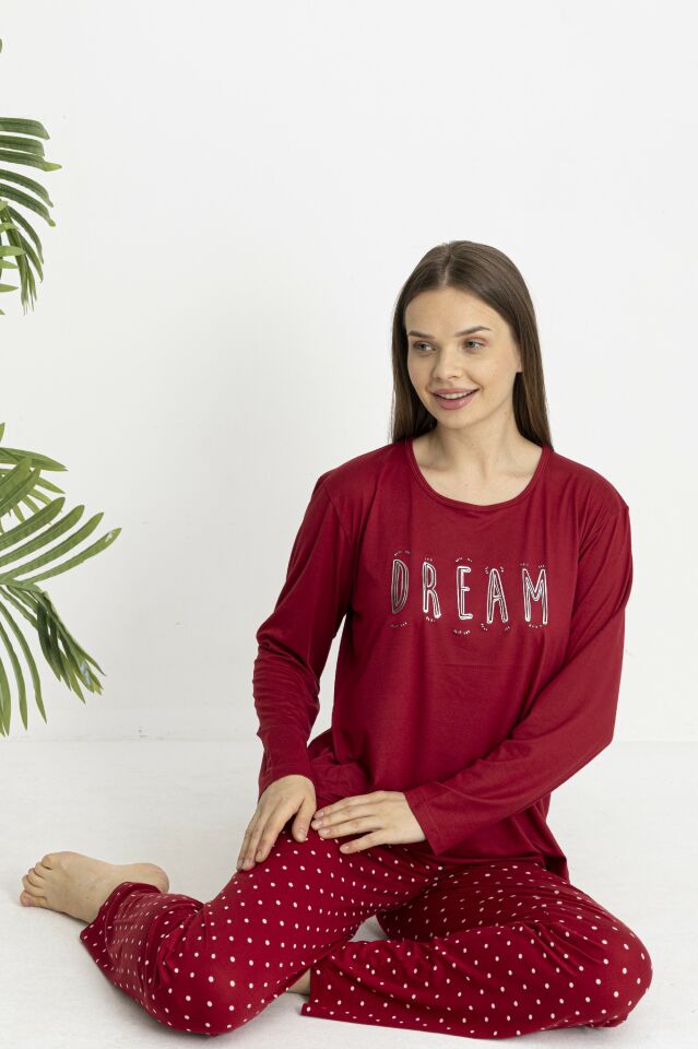Estiva Kadın Puantiye Alt Desenli Soft Uzun Kollu Pijama Takımı L - Bordo