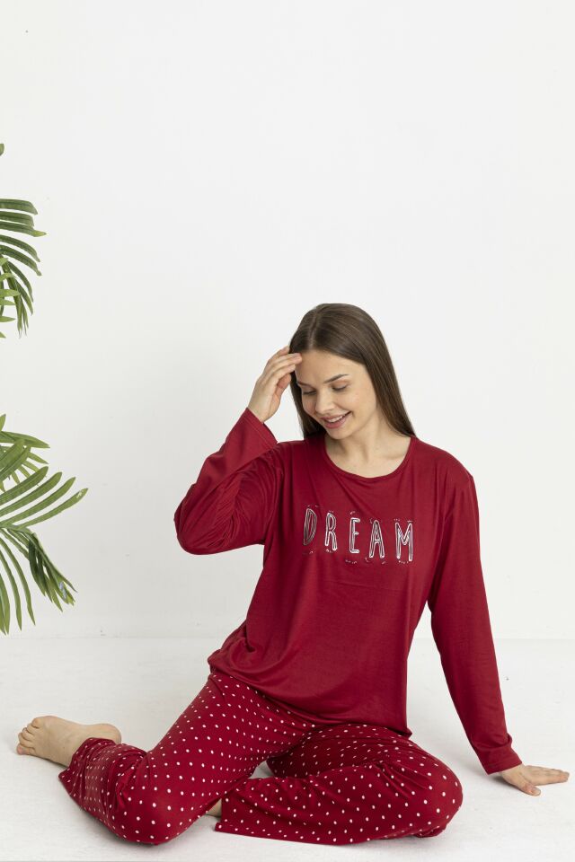 Estiva Kadın Puantiye Alt Desenli Soft Uzun Kollu Pijama Takımı L - Bordo