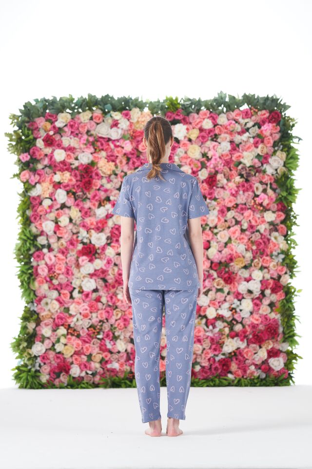 Kadın Yazlık Kalpli Önden Düğmeli Kısa Kollu Penye Lycra Pijama Takımı M - Gri