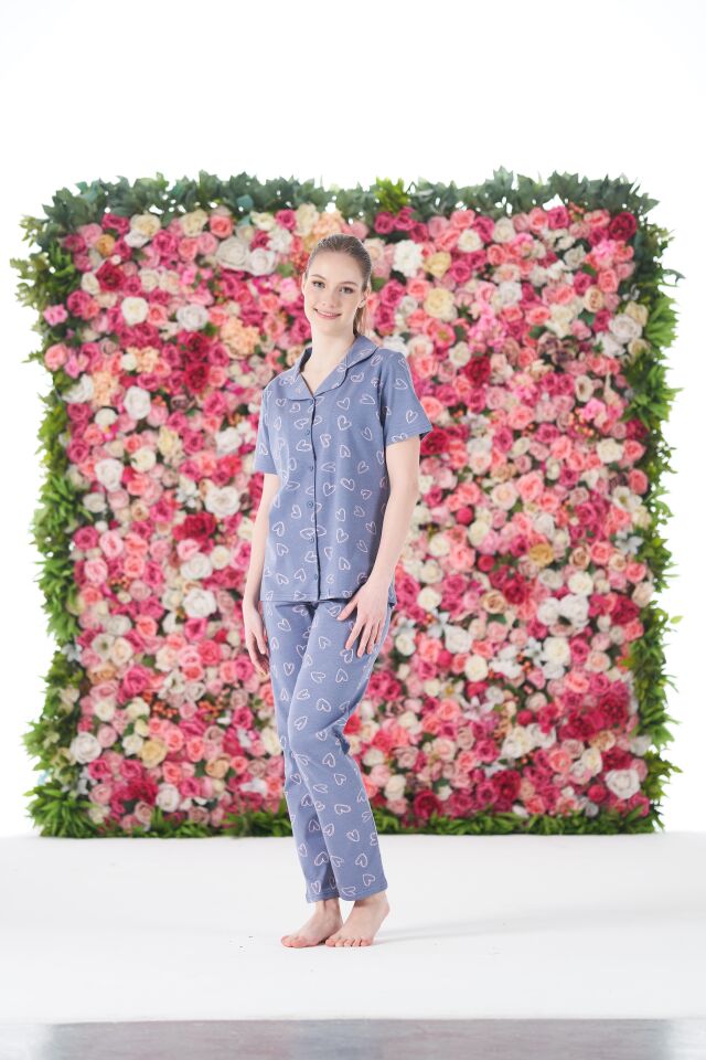 Kadın Yazlık Kalpli Önden Düğmeli Kısa Kollu Penye Lycra Pijama Takımı M - Gri