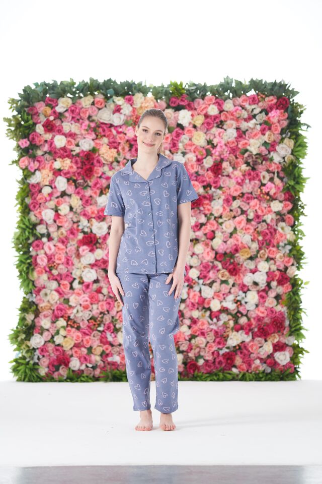 Kadın Yazlık Kalpli Önden Düğmeli Kısa Kollu Penye Lycra Pijama Takımı M - Gri