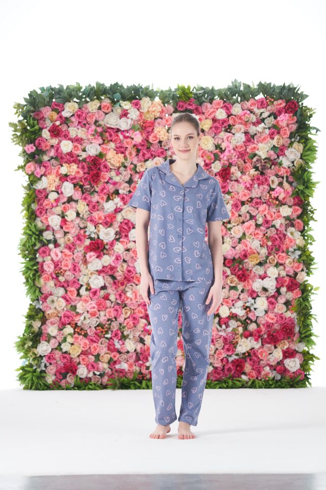 Kadın Yazlık Kalpli Önden Düğmeli Kısa Kollu Penye Lycra Pijama Takımı M - Gri