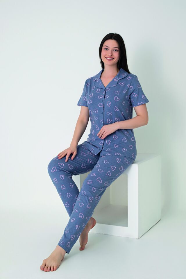 Kadın Yazlık Kalpli Önden Düğmeli Kısa Kollu Penye Lycra Pijama Takımı M - Gri