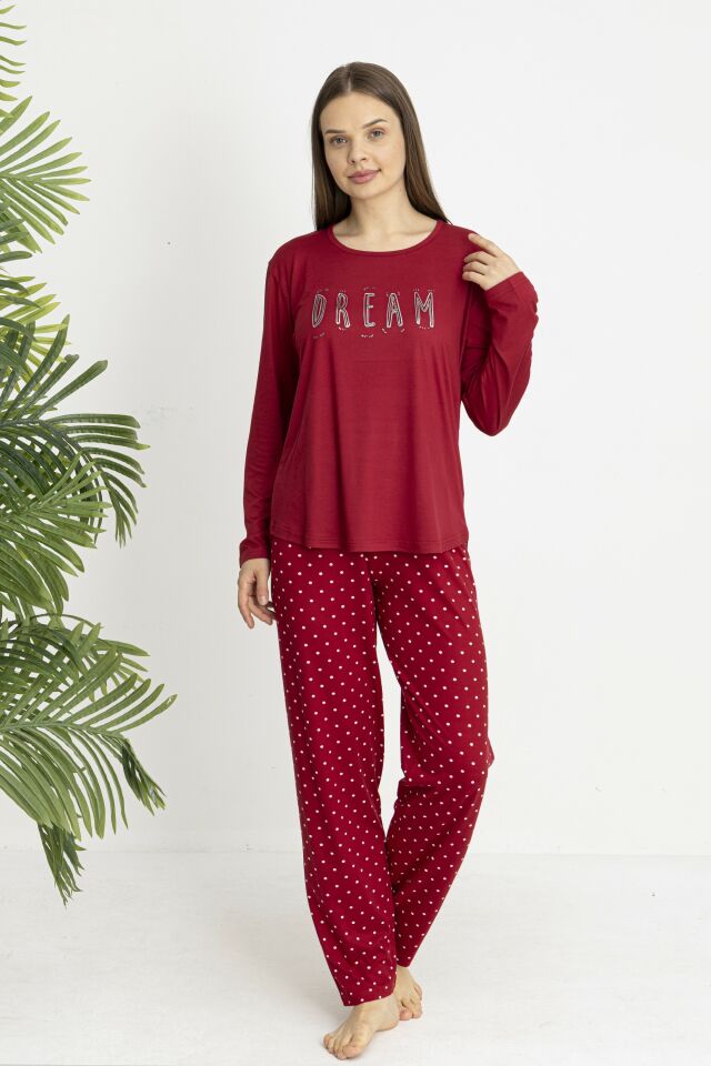 Estiva Kadın Puantiye Alt Desenli Soft Uzun Kollu Pijama Takımı XL - Bordo