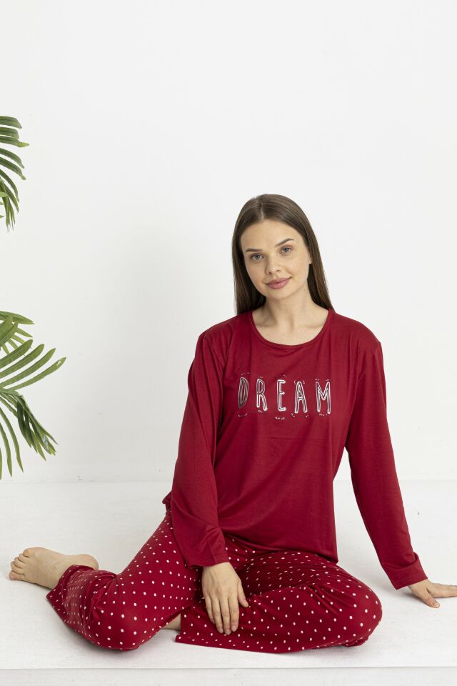 Estiva Kadın Puantiye Alt Desenli Soft Uzun Kollu Pijama Takımı XL - Bordo