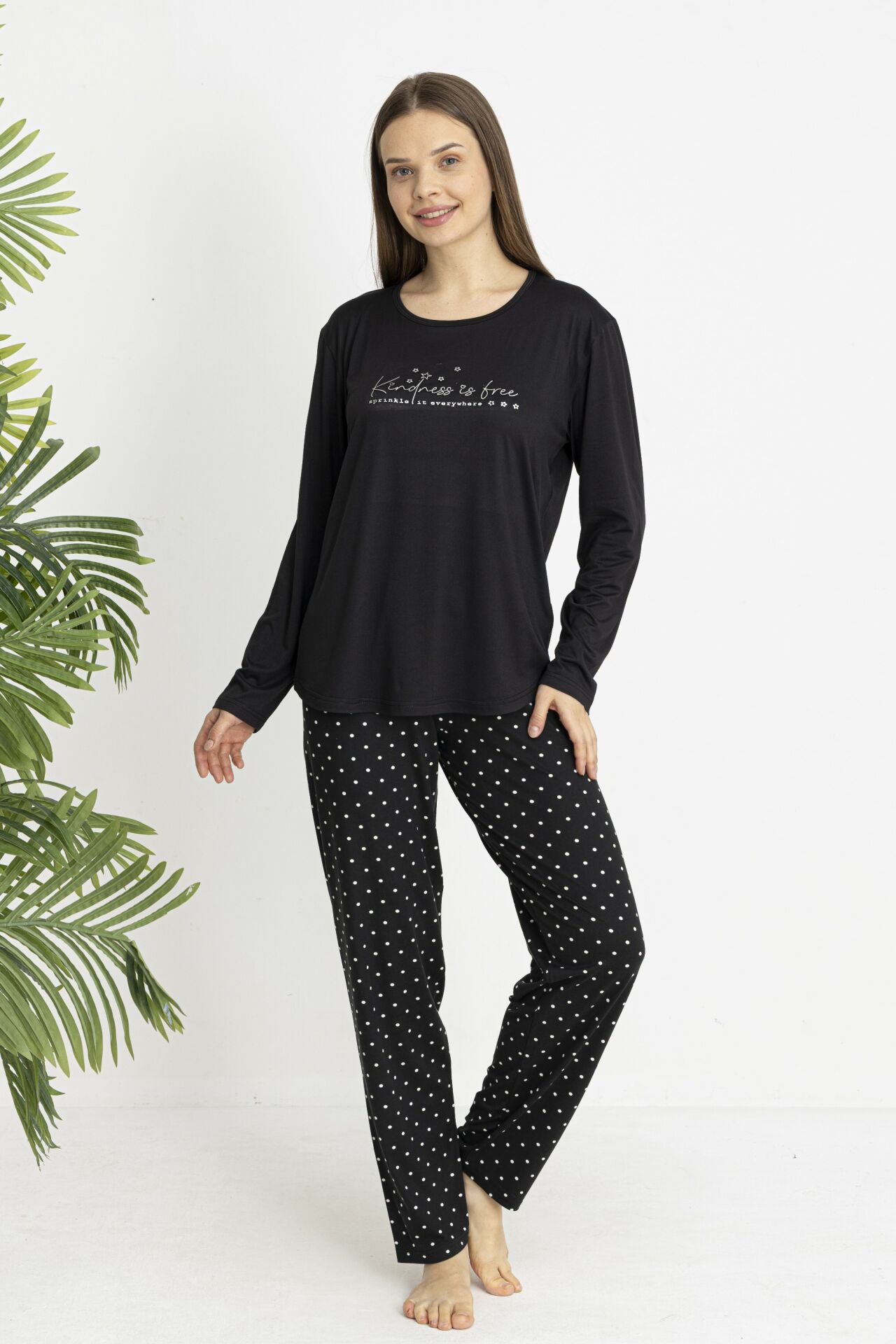 Estiva Kadın Puantiye Alt Desenli Soft Uzun Kollu Pijama Takımı Siyah - M