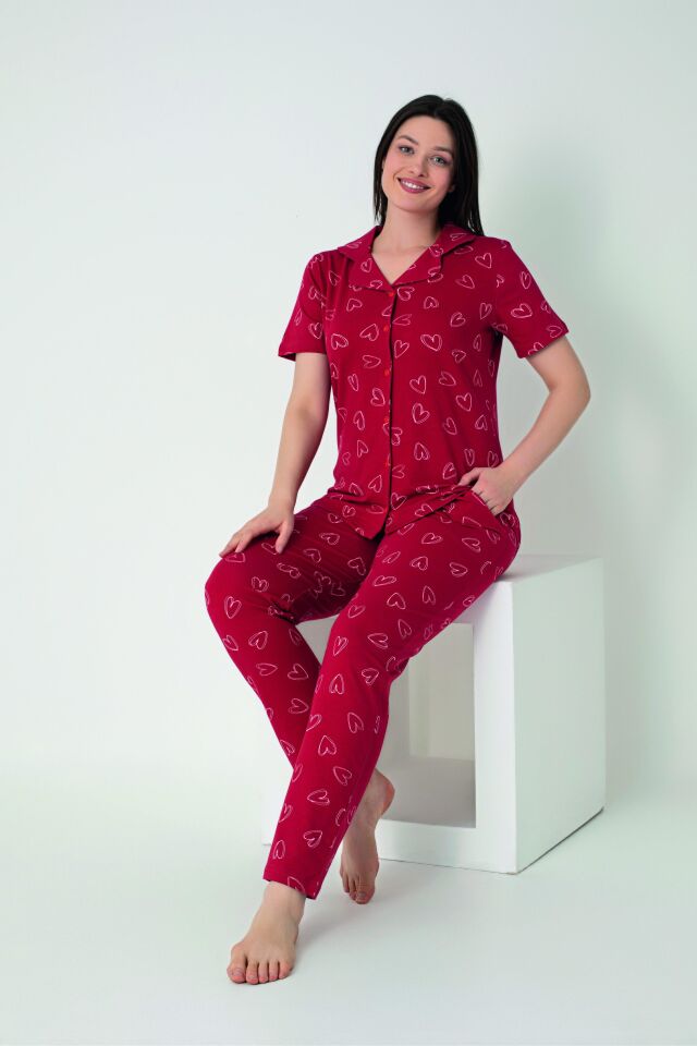 Kadın Yazlık Kalpli Önden Düğmeli Kısa Kollu Penye Lycra Pijama Takımı S - Kırmızı