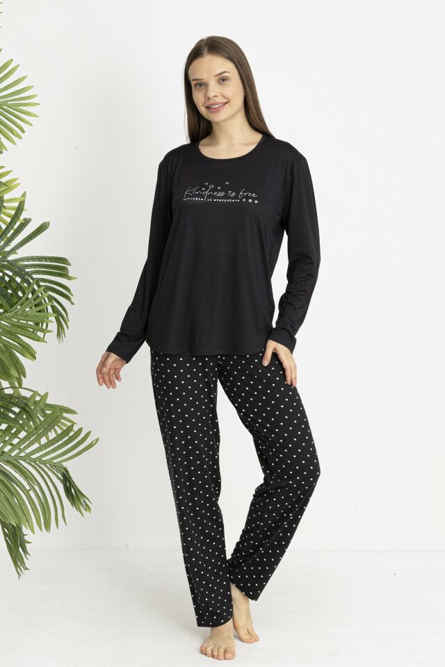 Estiva Kadın Puantiye Alt Desenli Soft Uzun Kollu Pijama Takımı Siyah - L