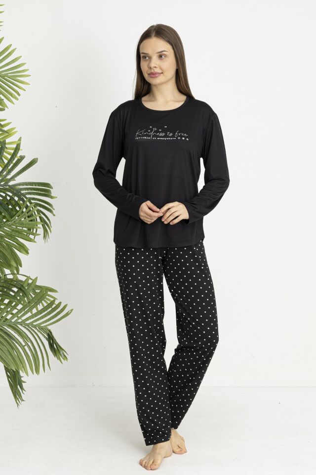 Estiva Kadın Puantiye Alt Desenli Soft Uzun Kollu Pijama Takımı Siyah - L