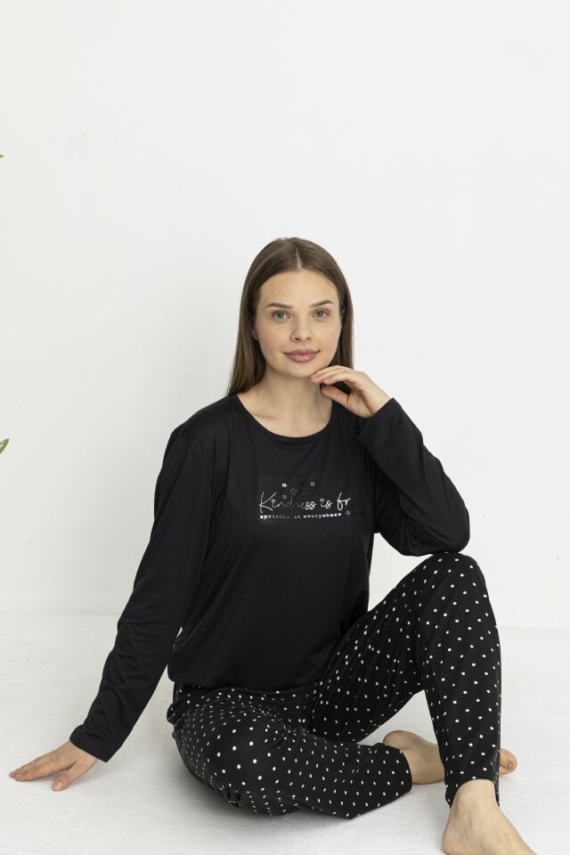 Estiva Kadın Puantiye Alt Desenli Soft Uzun Kollu Pijama Takımı Siyah - L