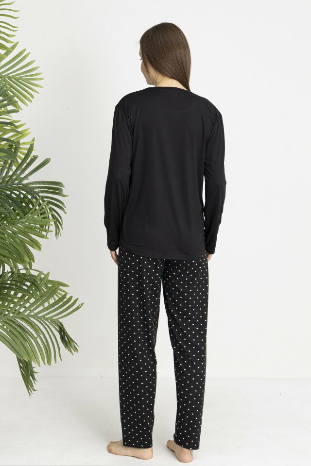 Estiva Kadın Puantiye Alt Desenli Soft Uzun Kollu Pijama Takımı Siyah - L