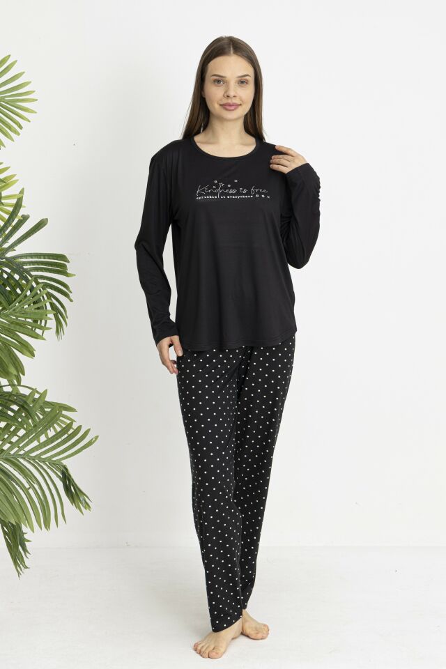 Estiva Kadın Puantiye Alt Desenli Soft Uzun Kollu Pijama Takımı SİYAH - XL