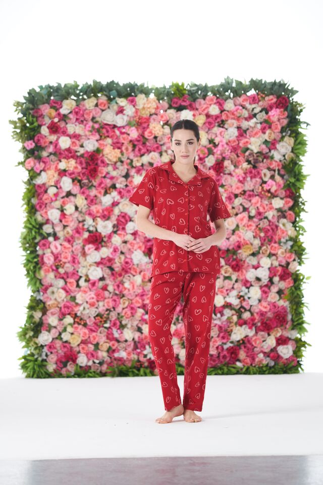 Kadın Yazlık Kalpli Önden Düğmeli Kısa Kollu Penye Lycra Pijama Takımı L - Kırmızı