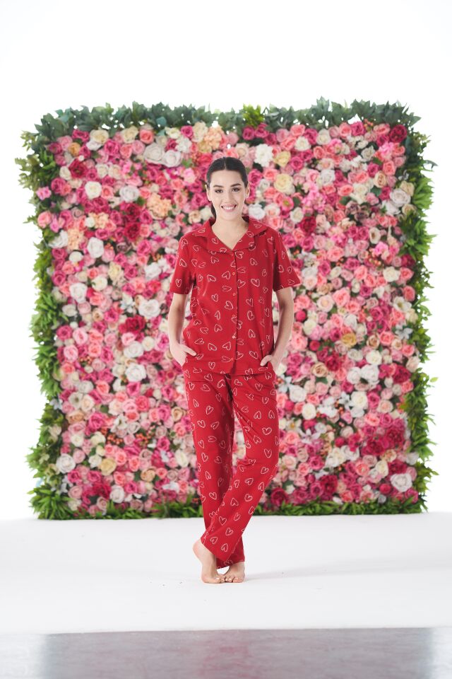 Kadın Yazlık Kalpli Önden Düğmeli Kısa Kollu Penye Lycra Pijama Takımı L - Kırmızı