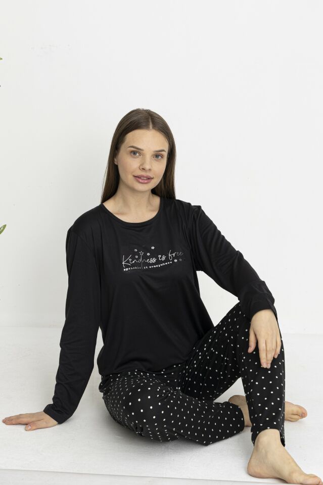 Estiva Kadın Puantiye Alt Desenli Soft Uzun Kollu Pijama Takımı Siyah - 2XL