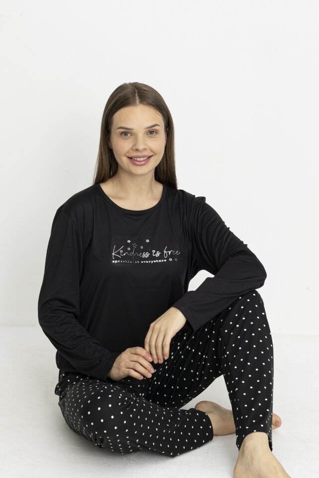 Estiva Kadın Puantiye Alt Desenli Soft Uzun Kollu Pijama Takımı Siyah - 2XL