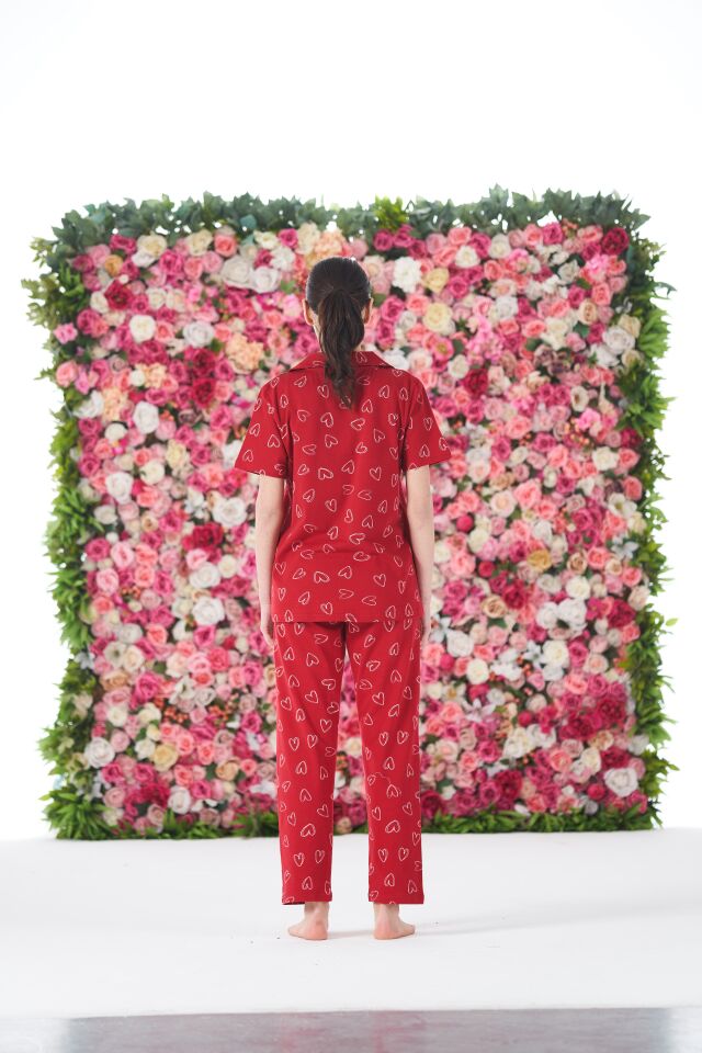 Kadın Yazlık Kalpli Önden Düğmeli Kısa Kollu Penye Lycra Pijama Takımı XL - Kırmızı