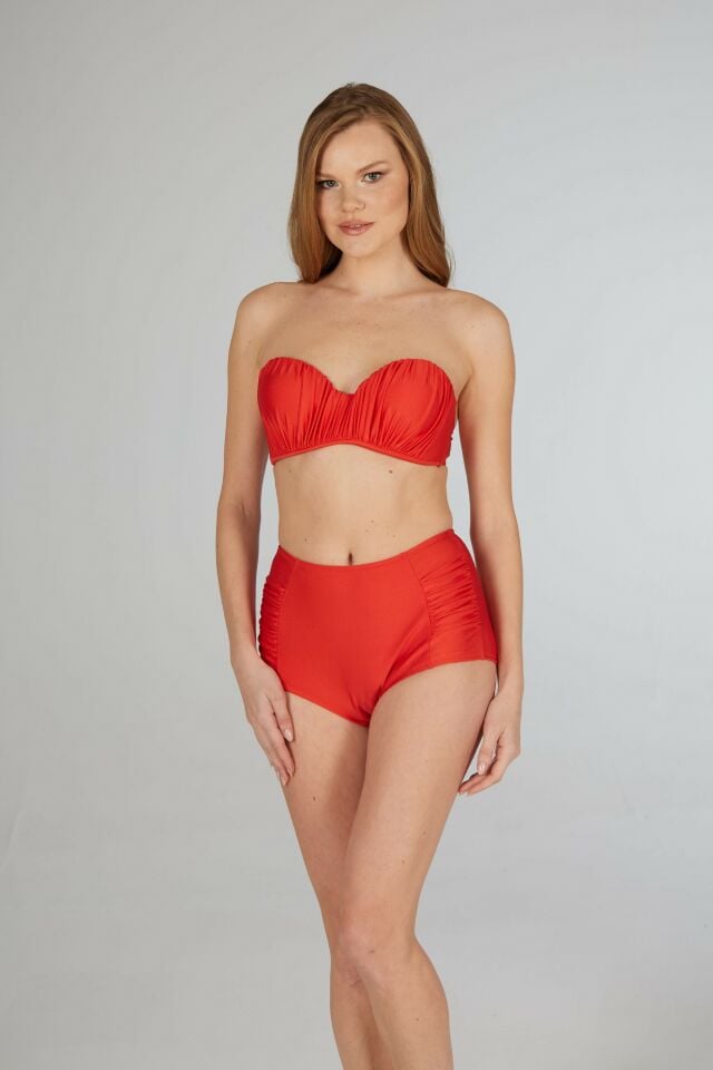 Estiva Drapeli Kaplı Straplez Bikini Takımı - Kırmızı