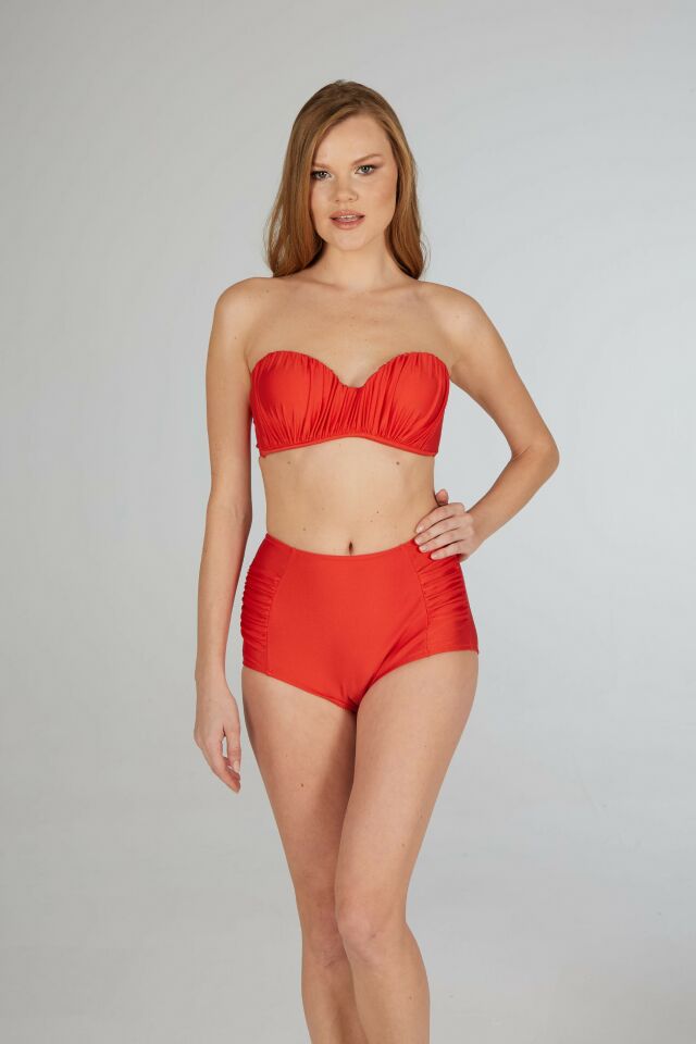 Estiva Drapeli Kaplı Straplez Bikini Takımı - Kırmızı