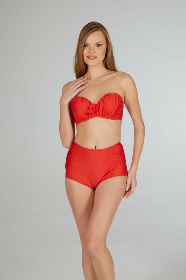 Estiva Drapeli Kaplı Straplez Bikini Takımı - Kırmızı