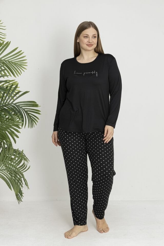 Estiva Kadın Puantiye Alt Desenli Soft Uzun Kollu Battal Pijama Takımı