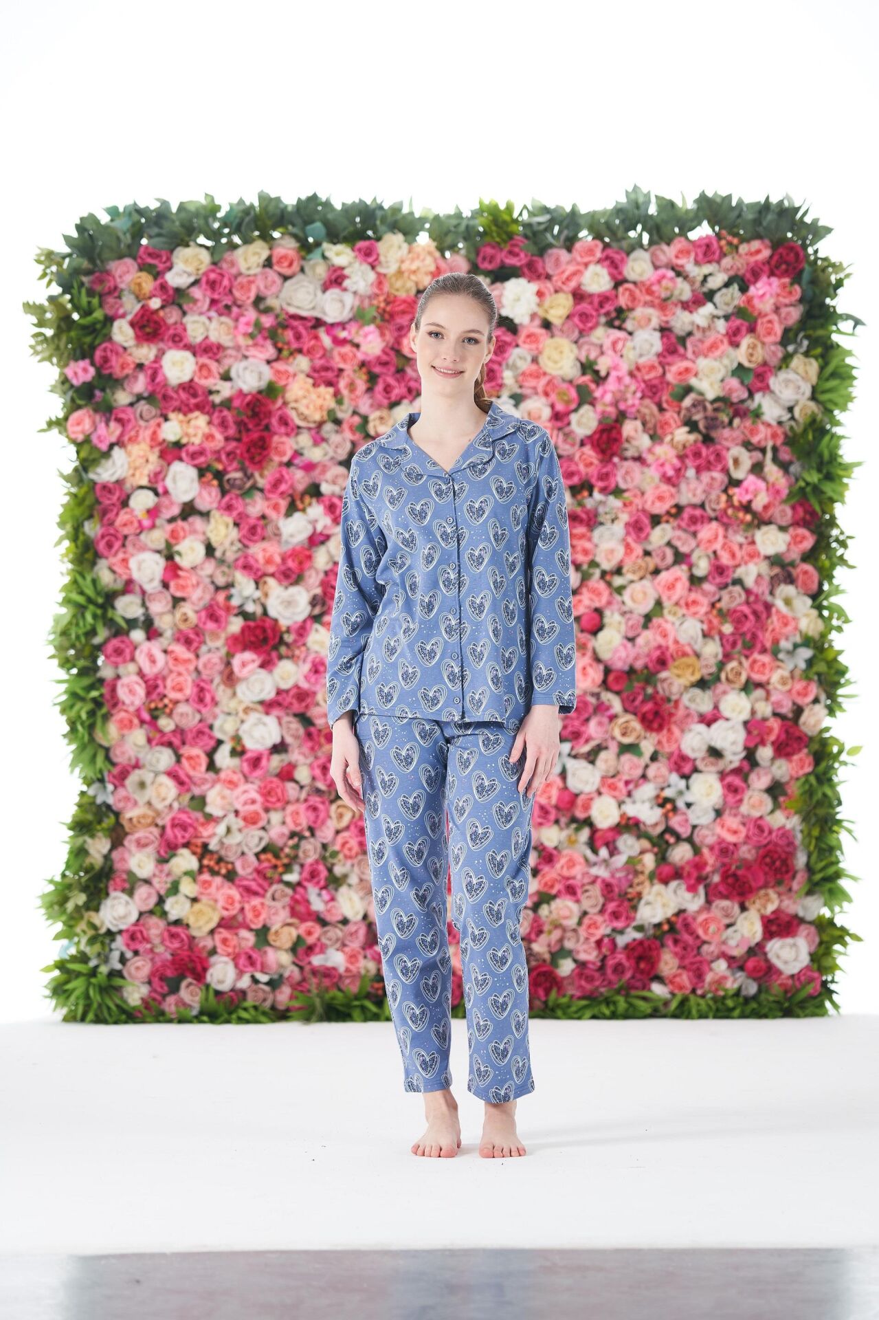 Kadın Yazlık Kalpli Önden Düğmeli Kısa Kollu Penye Lycra Pijama Takımı