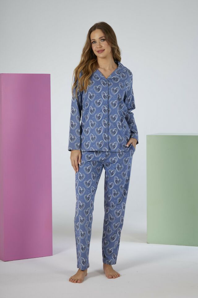 Kadın Yazlık Kalpli Önden Düğmeli Kısa Kollu Penye Lycra Pijama Takımı