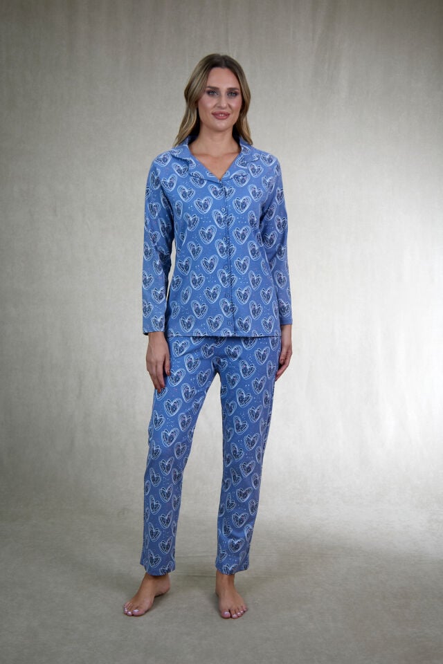 Kadın Yazlık Kalpli Önden Düğmeli Kısa Kollu Penye Lycra Pijama Takımı