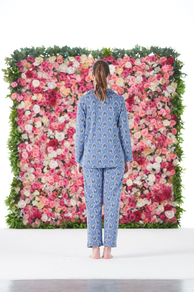 Kadın Yazlık Kalpli Önden Düğmeli Kısa Kollu Penye Lycra Pijama Takımı