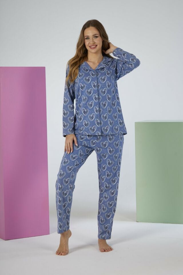 Kadın Yazlık Kalpli Önden Düğmeli Kısa Kollu Penye Lycra Pijama Takımı