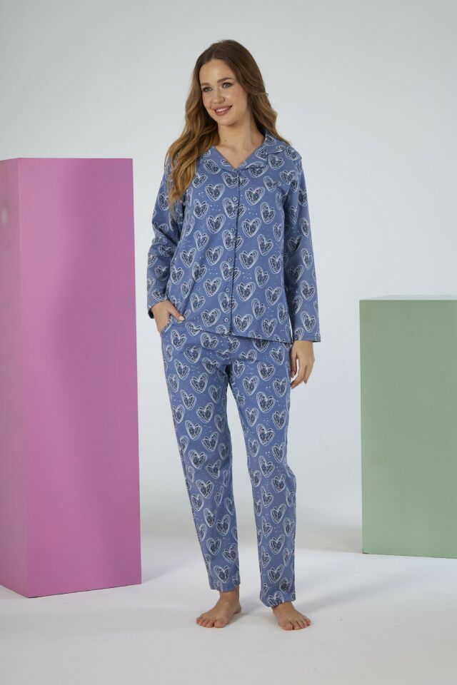 Kadın Yazlık Kalpli Önden Düğmeli Kısa Kollu Penye Lycra Pijama Takımı