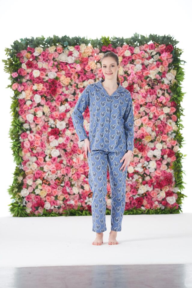 Kadın Yazlık Kalpli Önden Düğmeli Kısa Kollu Penye Lycra Pijama Takımı